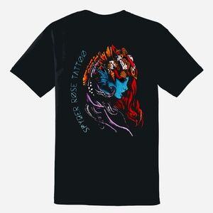 Black “SPYDER ROSE TATTOO” T-Shirt with Artistic Mermaid Design